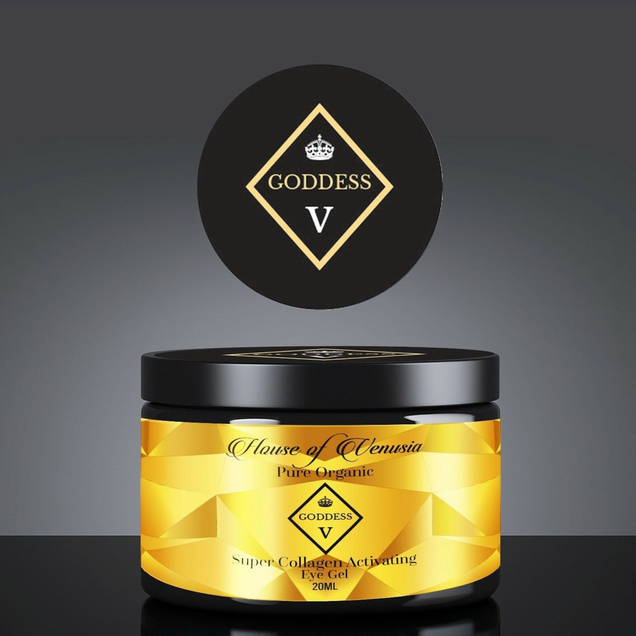 Eye gel jar with black lid, gold geometric label, and Goddess V brand text