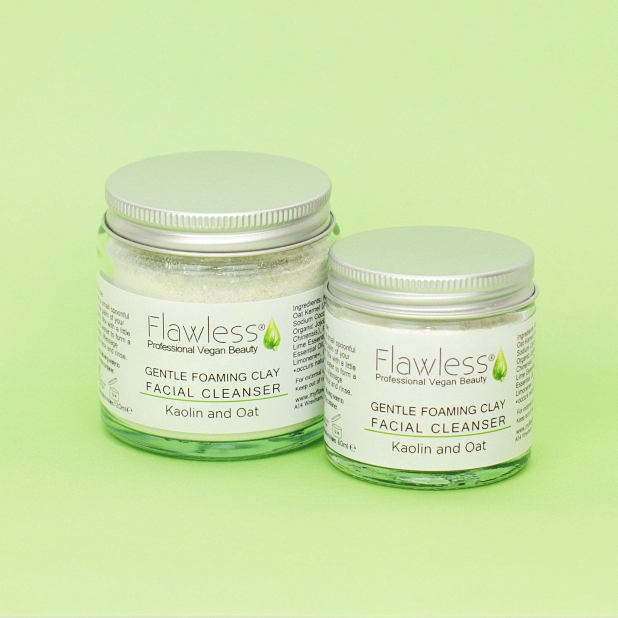 Gentle Foaming Clay Facial Cleanser in glass jars with silver lids, Flawless brand visible