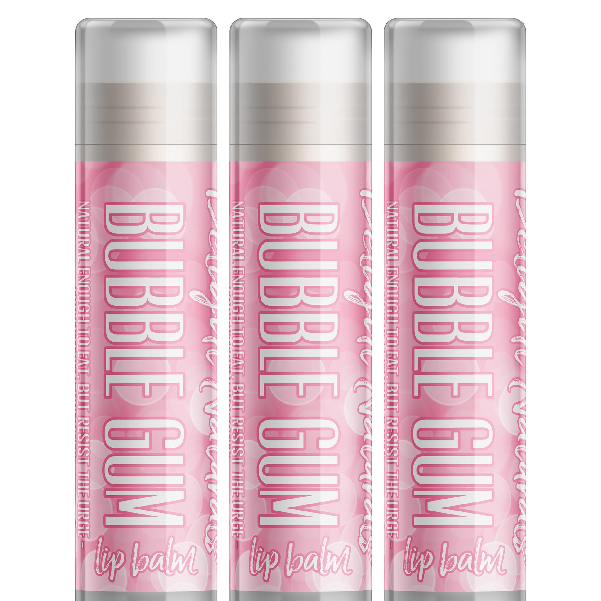 Lip balm tubes with pink and white design, Delight Naturals Bubble Gum text visible