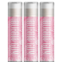 Lip balm tubes with pink and white design, Delight Naturals Bubble Gum text visible