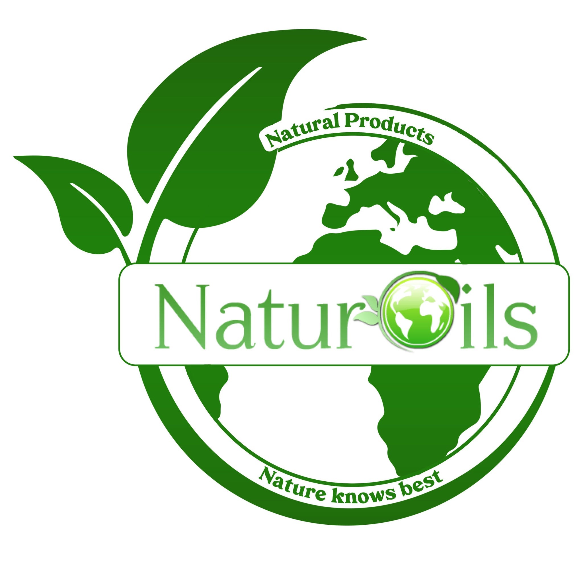 NaturOils logo with green leaves, globe graphic, and white background, text says "NaturOils" and "Natural Products