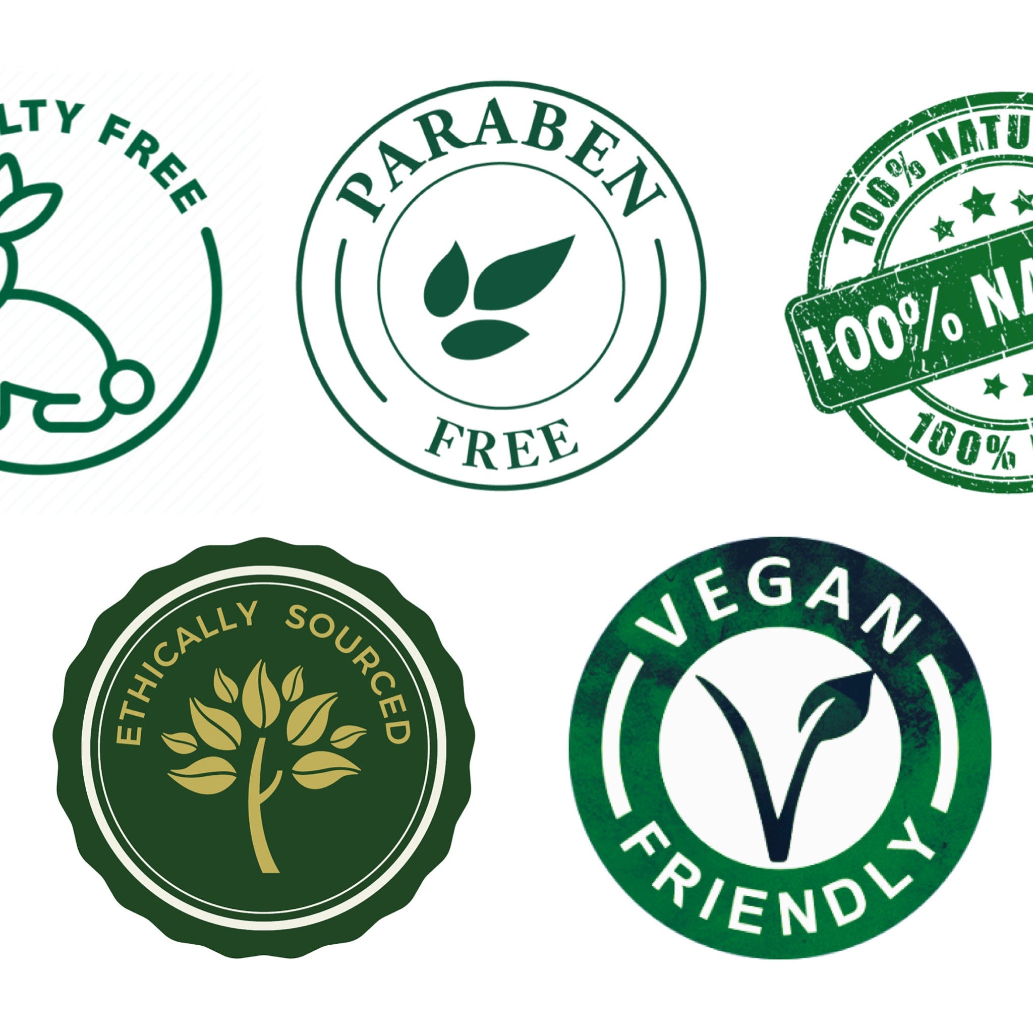 Vegan friendly labels with green and white circular designs, text and leaf icons