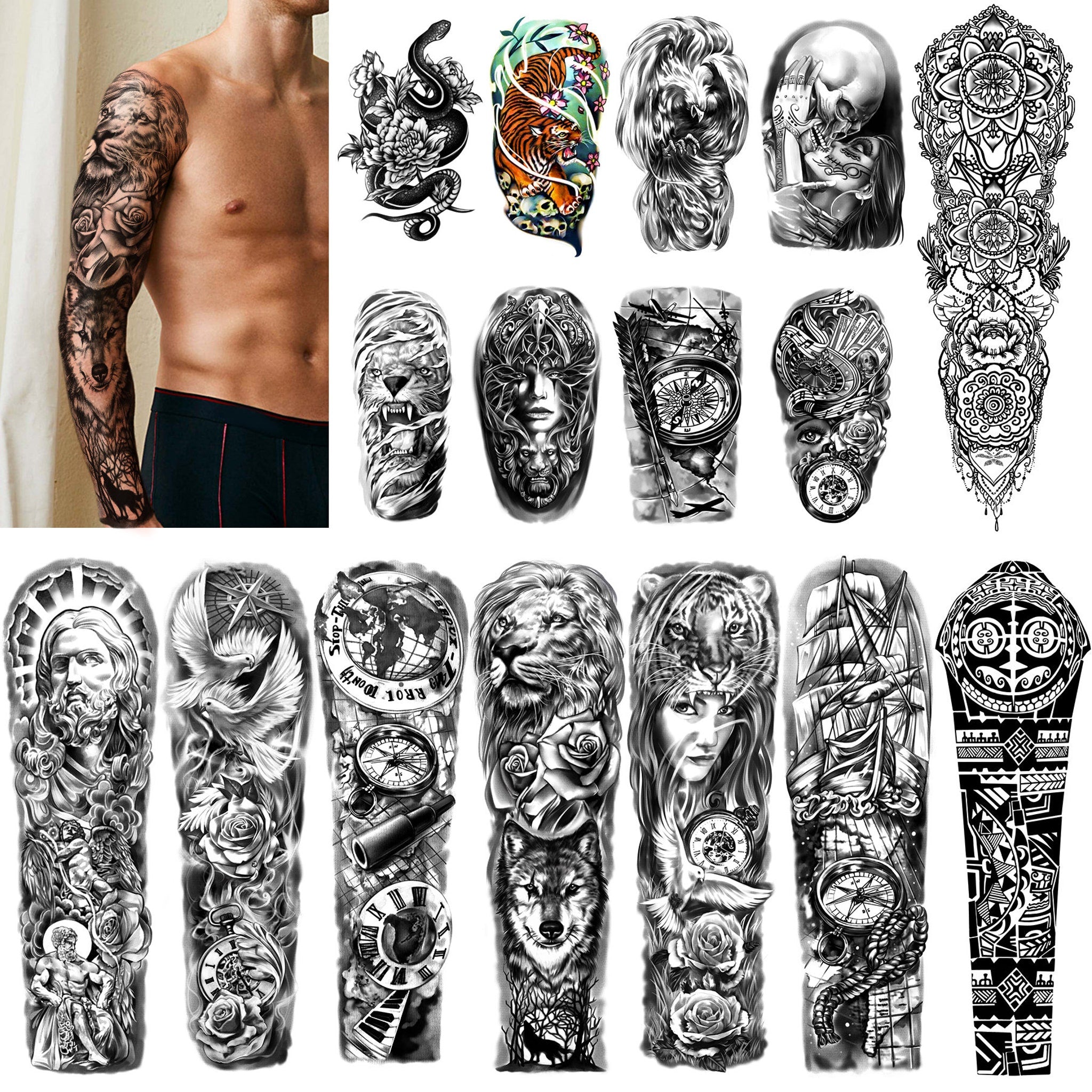 Waterproof tattoo sticker sheet with full sleeve designs in black and gray ink on clear backing