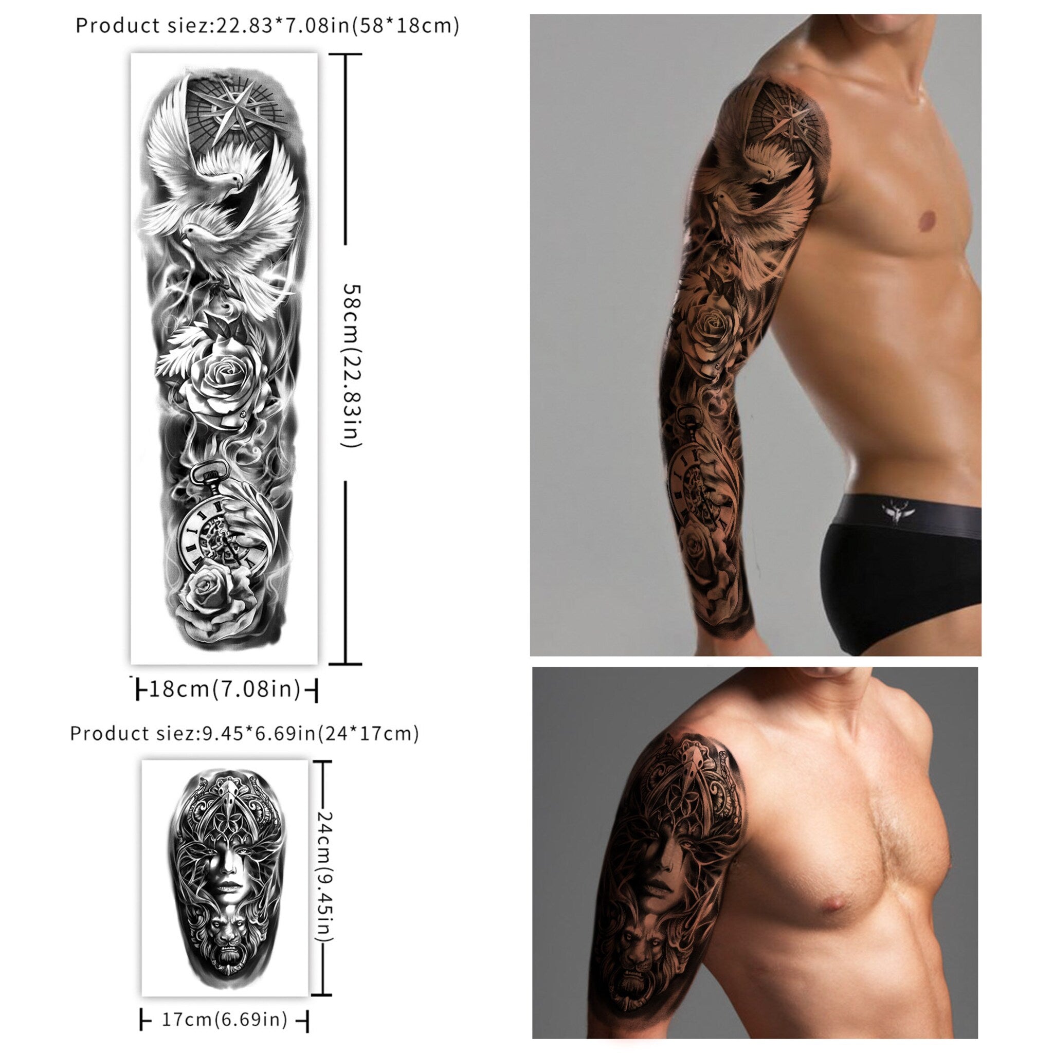 Close-up side view of waterproof tattoo sticker sleeve showing intricate black ink design details on skin