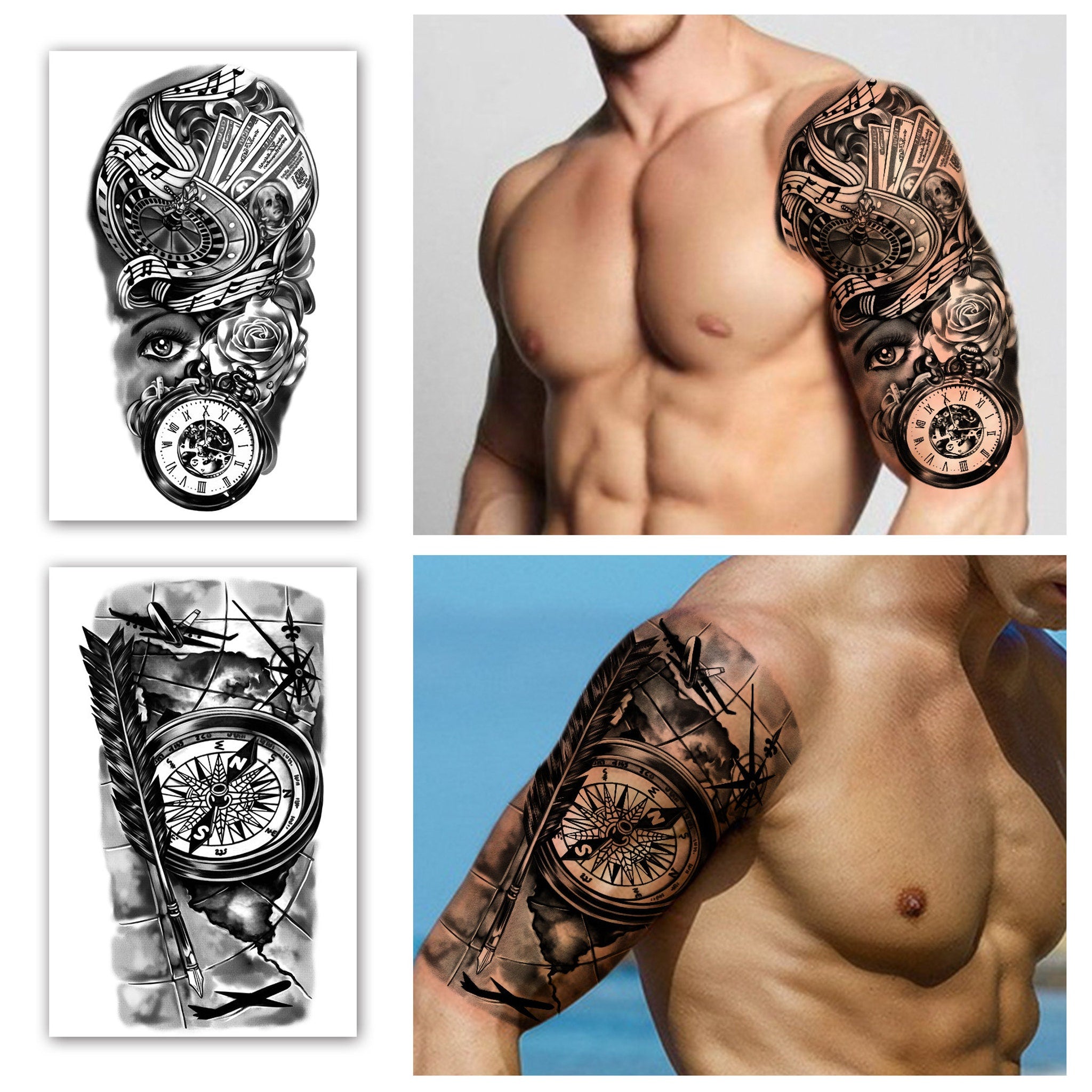 Close-up detail of waterproof tattoo sticker showing intricate black ink design on skin with realistic shading