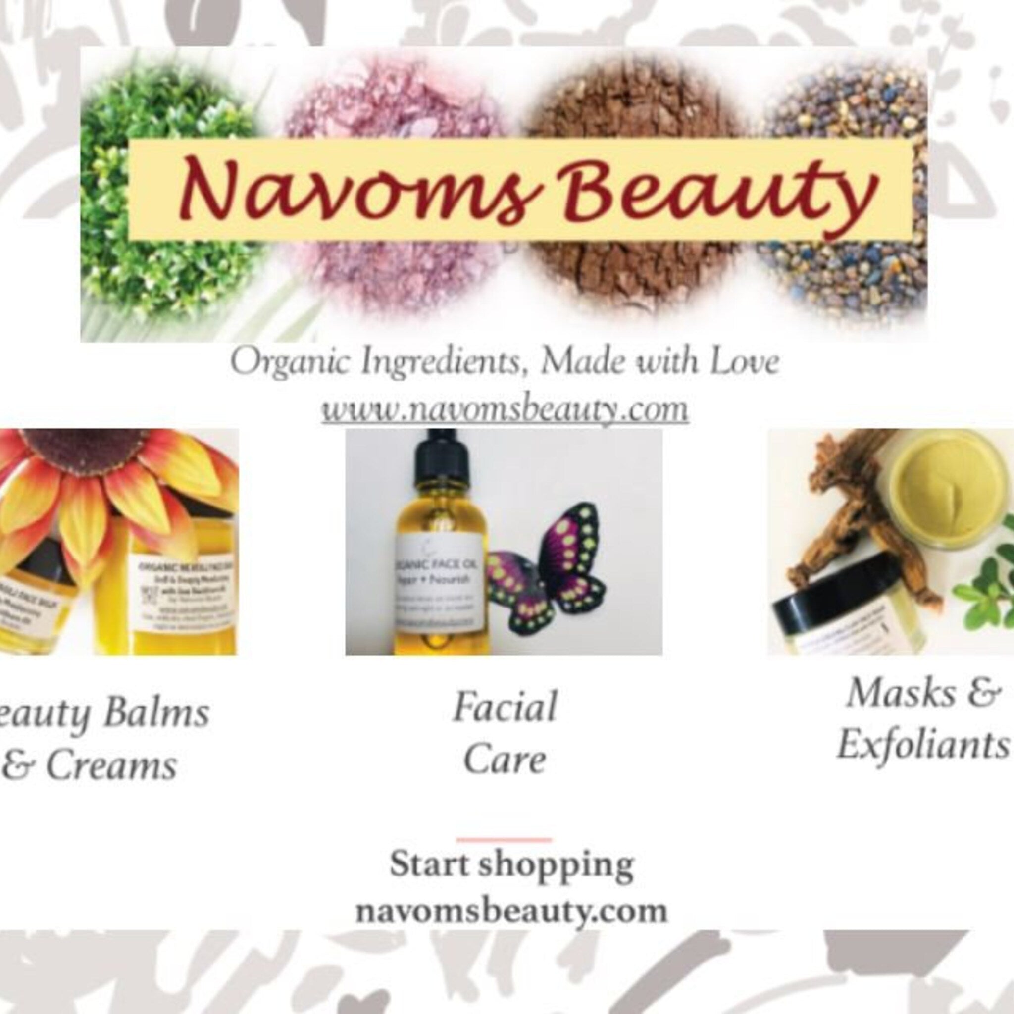 Navoms Beauty logo with yellow banner, red text, and floral background for brand awareness