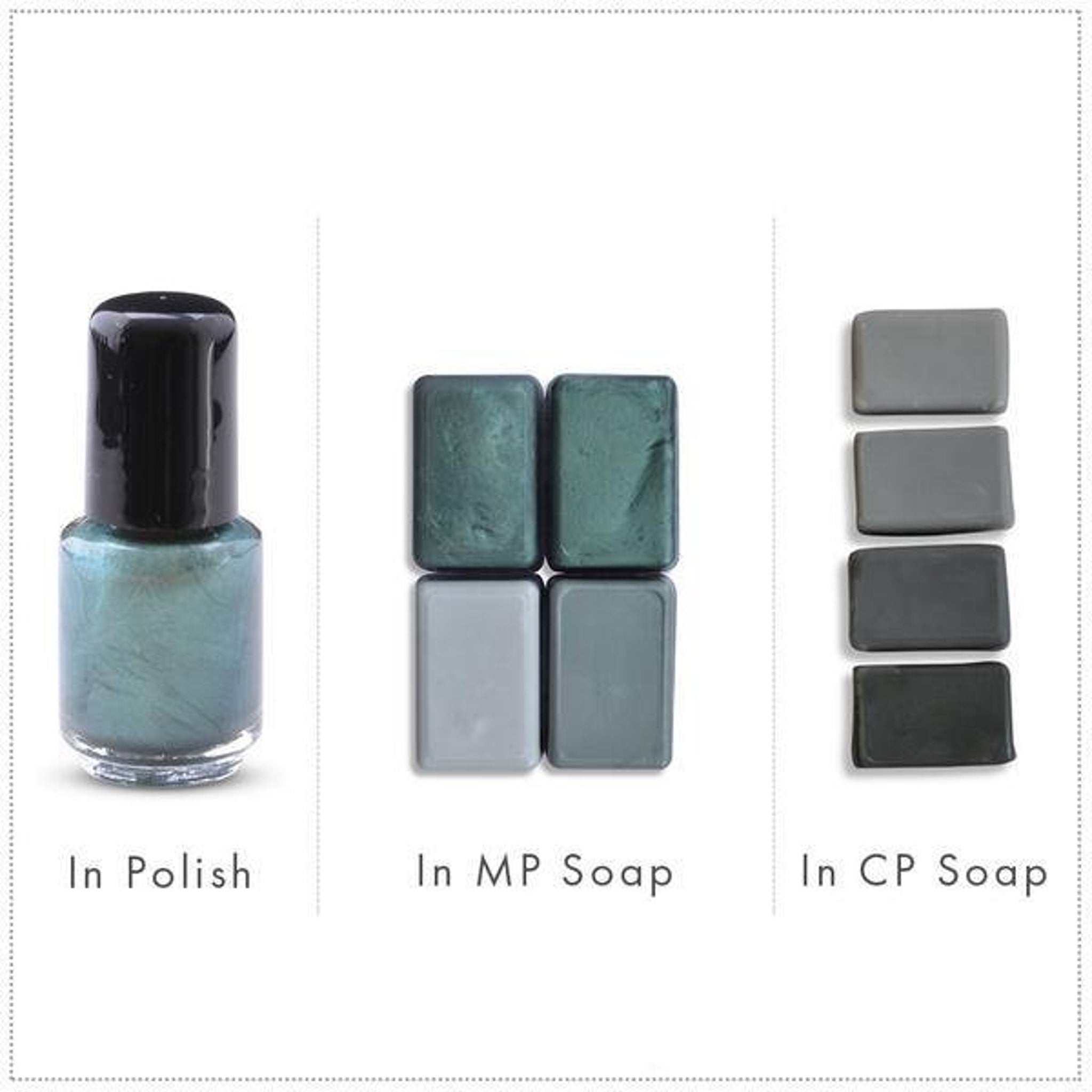Nail polish bottle with black cap, green-blue liquid, and soap bars in various shades of gray