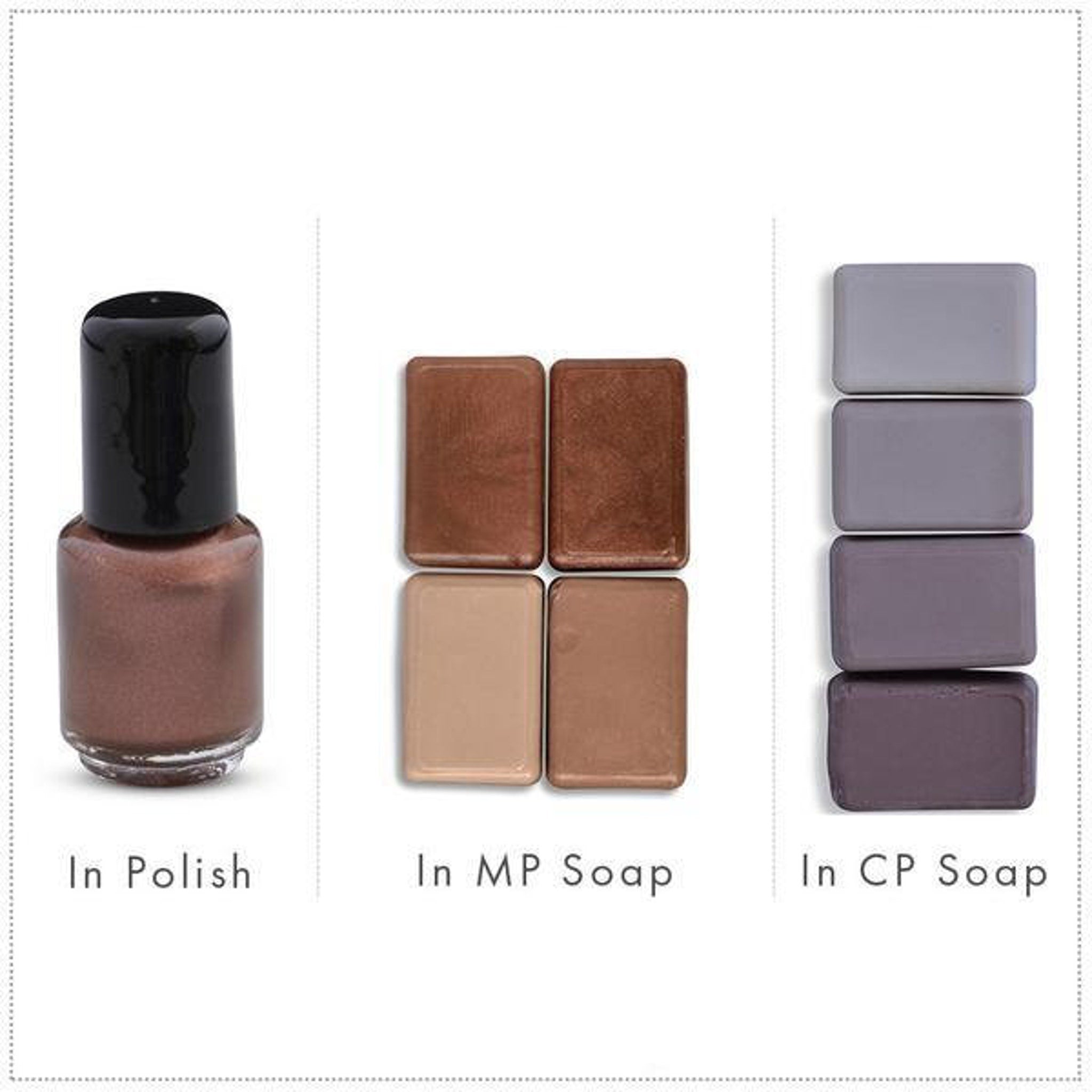 Nail polish bottle with brown liquid, black cap, and various brown and gray color soap bars