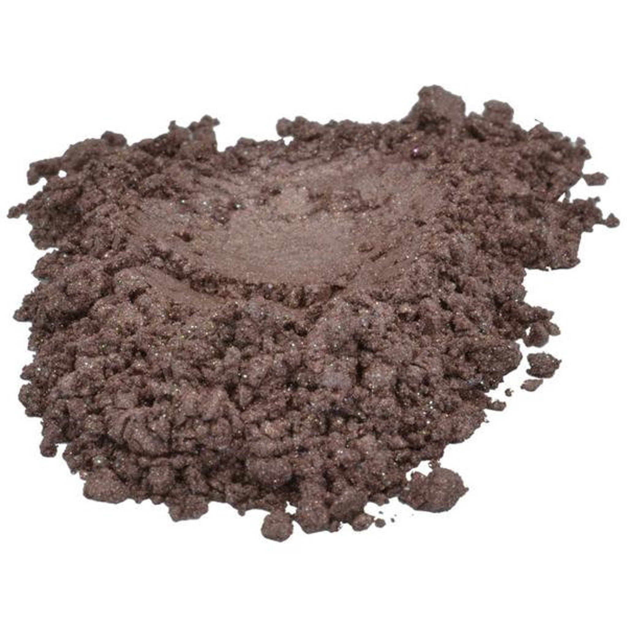 Eyeshadow powder, dark brown, textured, with shimmer particles.