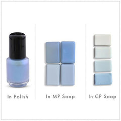 Close-up of vibrant sky blue mica pigment powder with shimmering metallic finish in a cosmetic jar