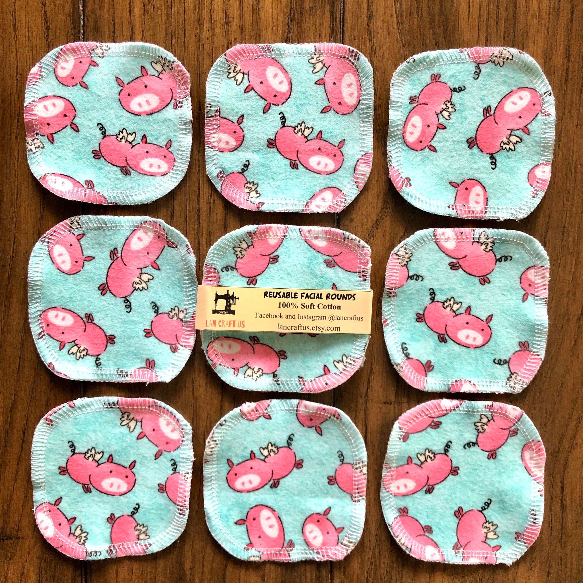 Reusable facial rounds with pink pig pattern on blue, LanCraftUS brand