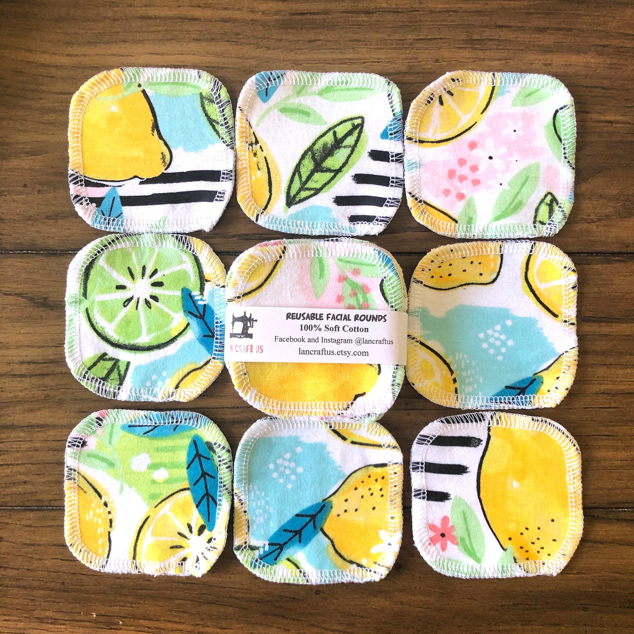 Reusable facial rounds with yellow, green, and white fruit patterns, LanCraftUS brand, cotton material