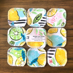 Reusable facial rounds with yellow, green, and white fruit patterns, LanCraftUS brand, cotton material