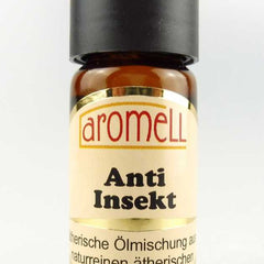 Aromell Anti Insekt bottle, brown glass bottle with black cap and cream label with gold trim and text