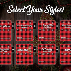 Christmas gift tags, red and black plaid pattern, snowflake accents, Venus Complete brand text visible