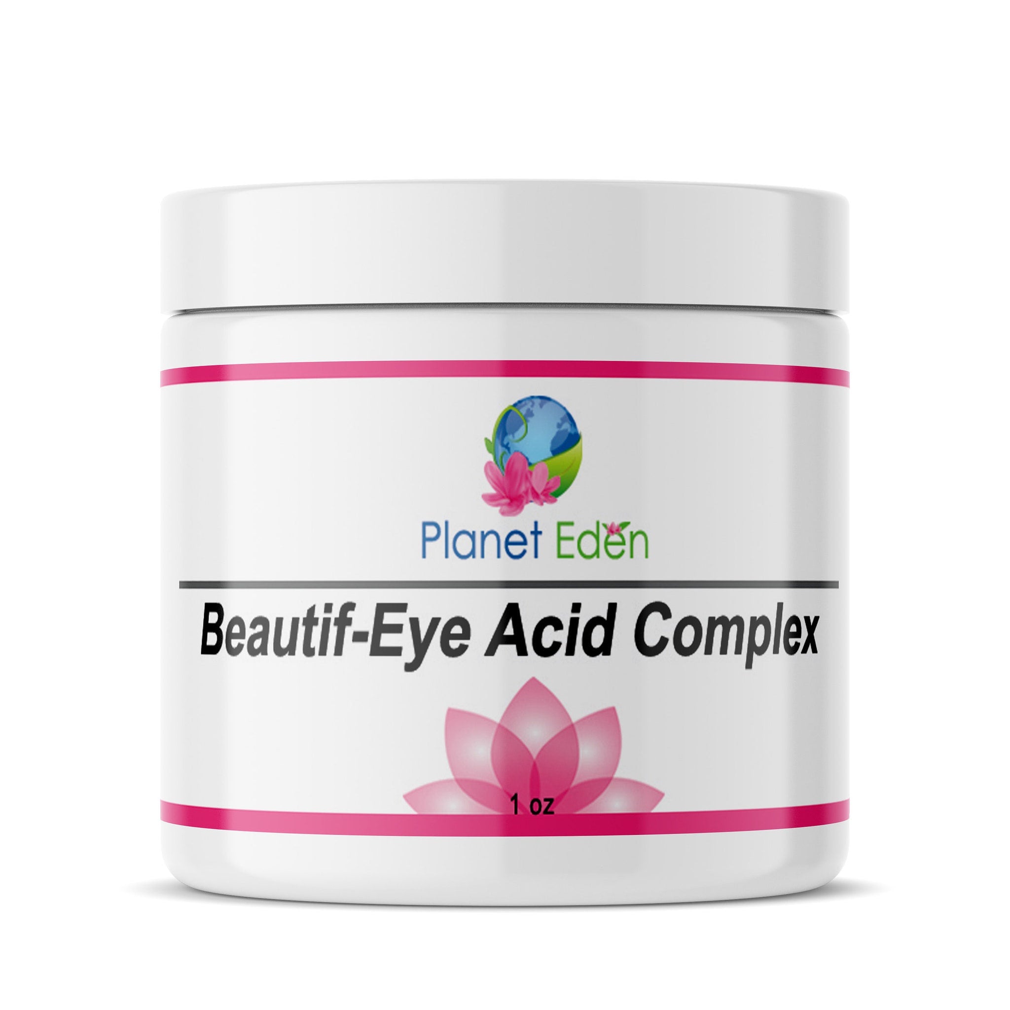 Eye cream white jar with pink accents, Planet Eden logo and text