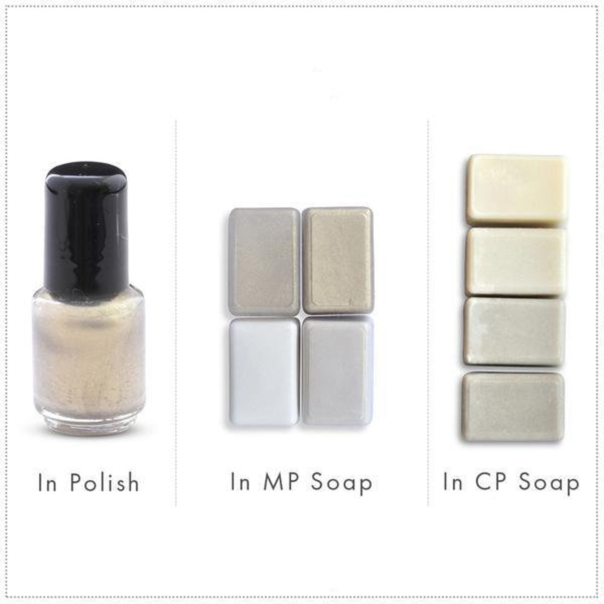 Nail polish bottle with black cap and shimmering gold liquid, plus soap bars of various colors
