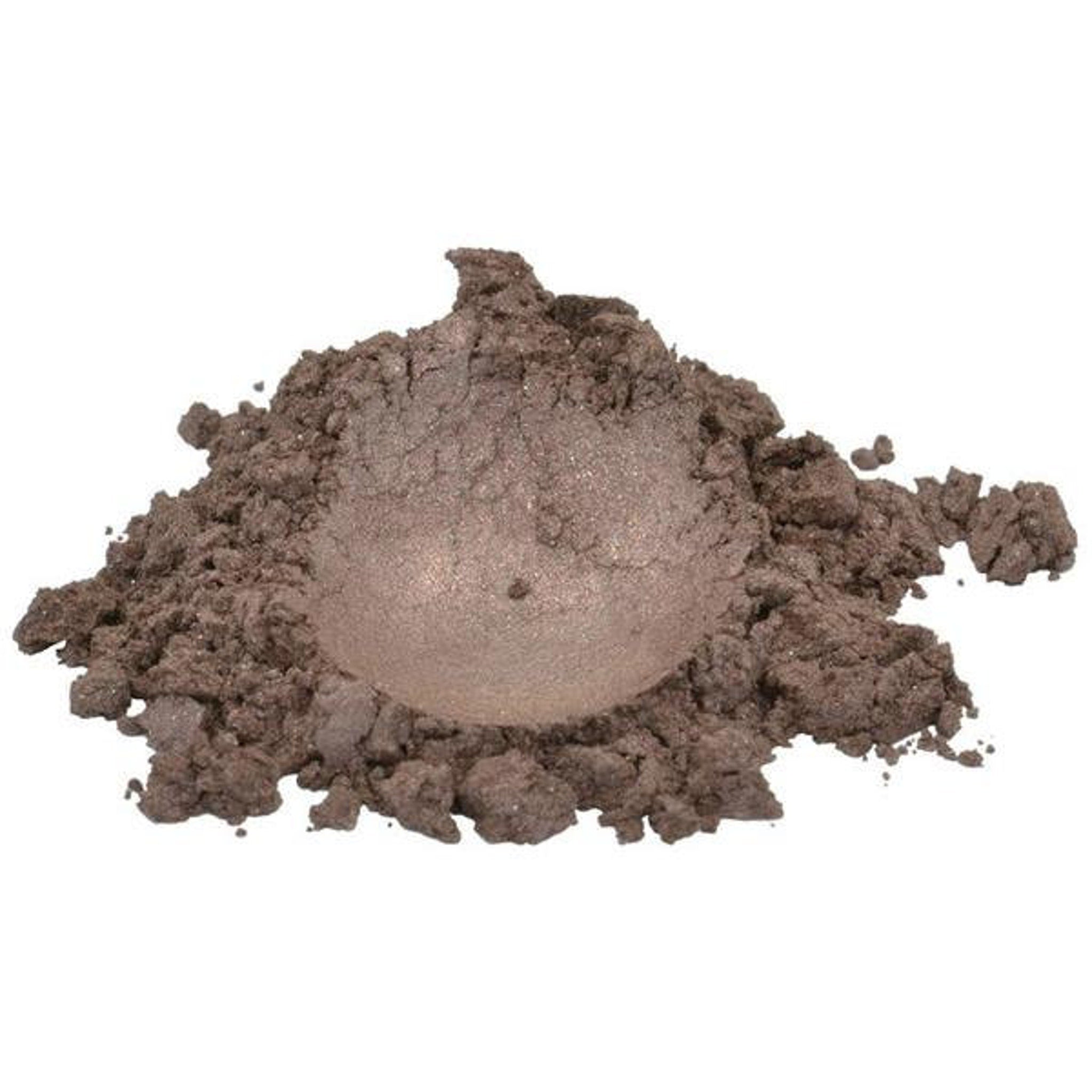 Side view of brown mica pigment powder in a sleek glass jar with gold lid, showcasing rich shimmer texture