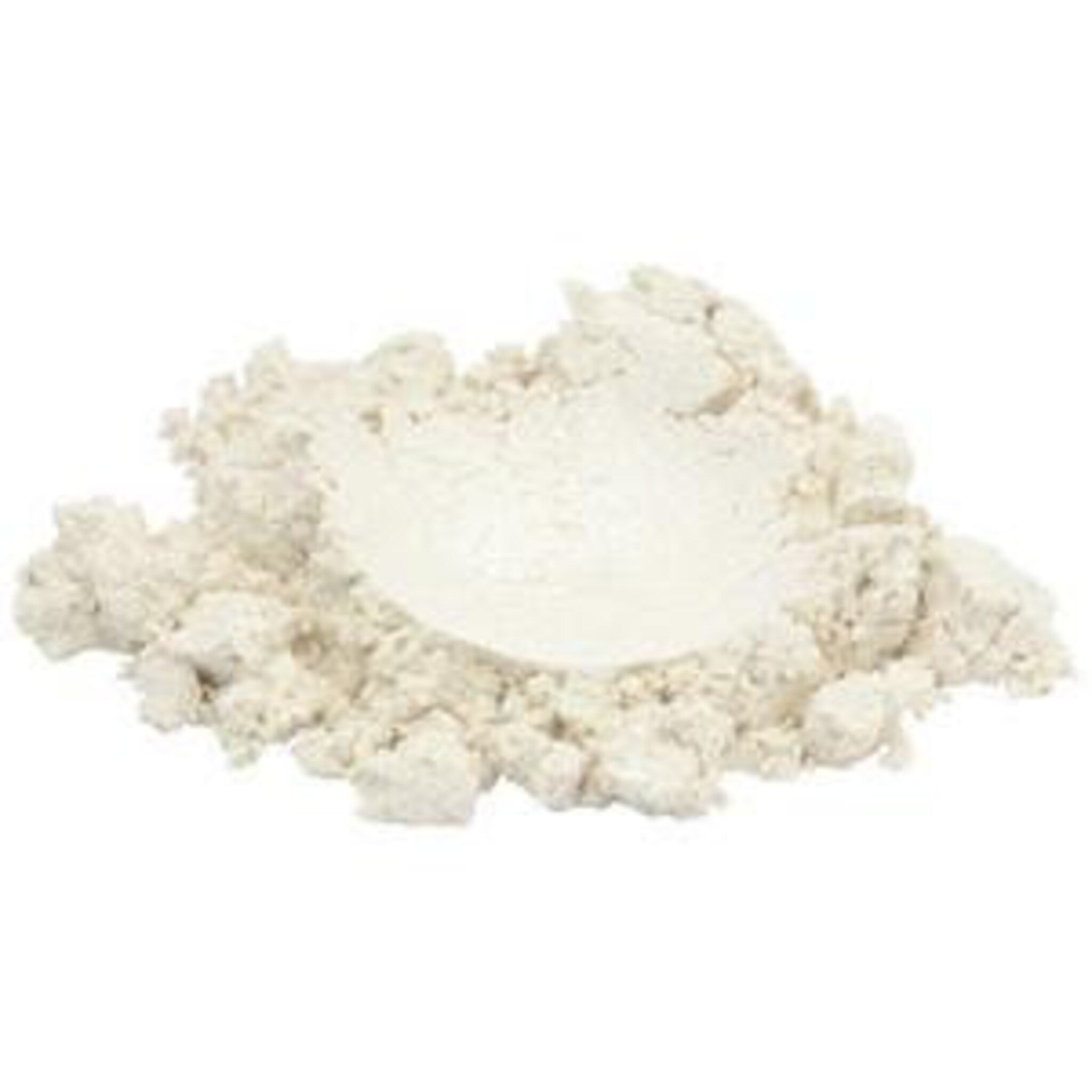 Close-up of white mica pigment powder in a clear plastic jar with black screw-top lid and product label