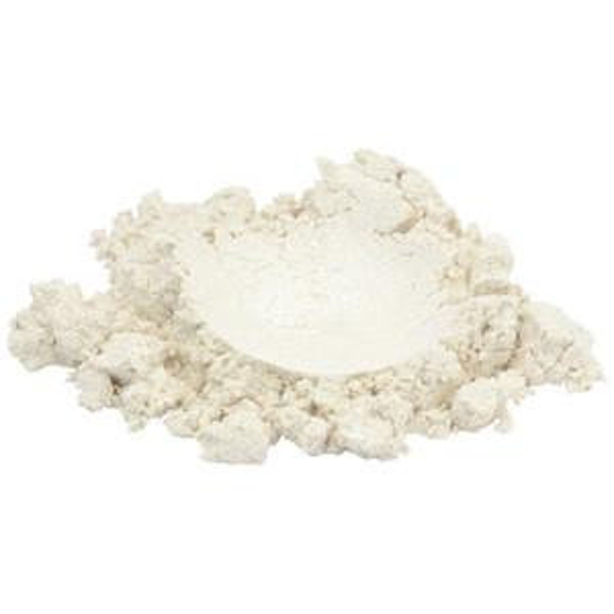 Side view of pearlescent white mica powder in open jar showing fine shimmer texture