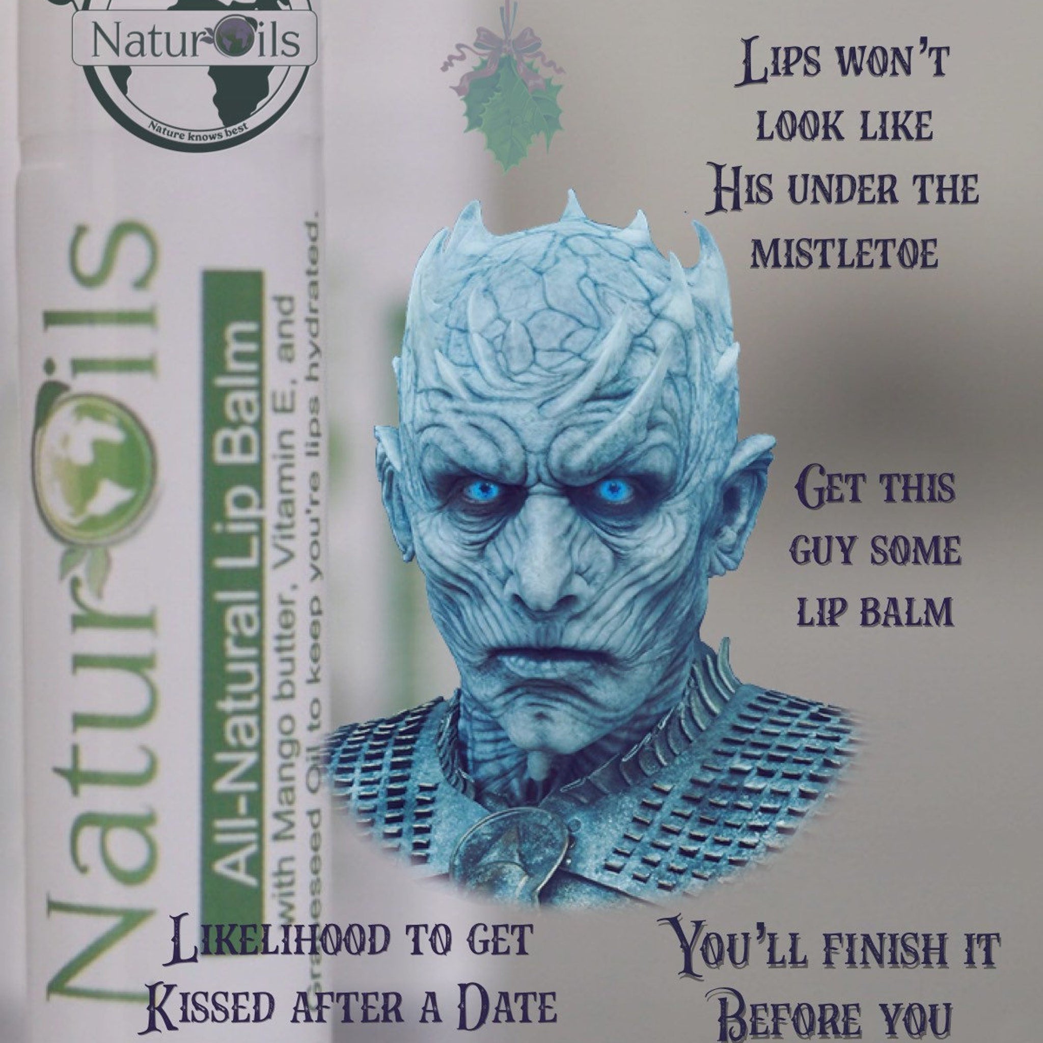 Lip balm tube with green and white label, NaturOils logo, and blue Night King image.