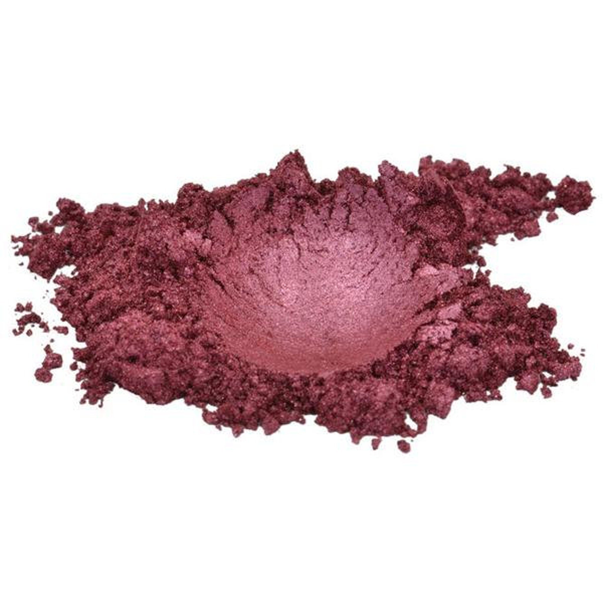 Loose powder eyeshadow, deep burgundy color, shimmery finish, textured appearance