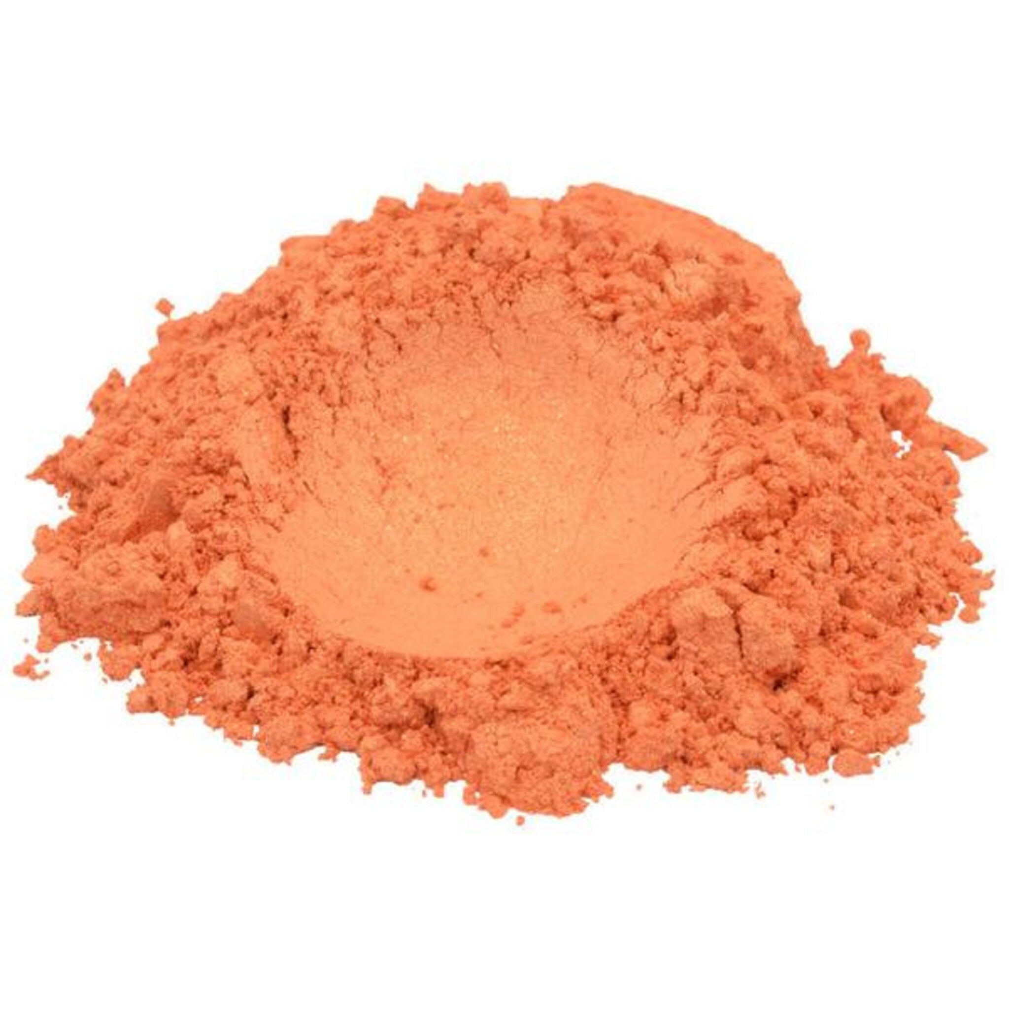 Side view of vibrant tangerine orange mica pigment powder in a clear jar with gold lid, showcasing shimmer particles.