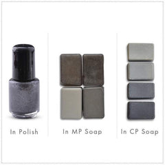 Close-up of storm grey silver mica pigment powder with shimmering metallic finish in cosmetic jar