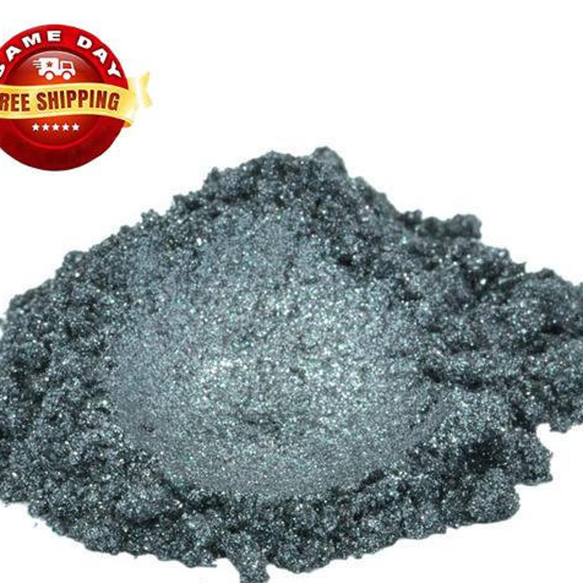 Close-up of storm grey silver mica pigment powder in a cosmetic jar with metallic sheen