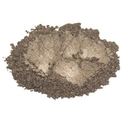 Wood Brown mica pigment powder in open jar with soft shimmer, showcasing rich earthy tone and fine texture