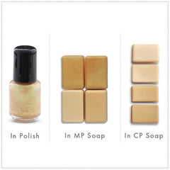 Nail polish bottle with black cap and beige liquid, plus beige soap samples