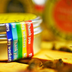 Jar label with rainbow stripes and "Thank You Key Workers" text on silver lid