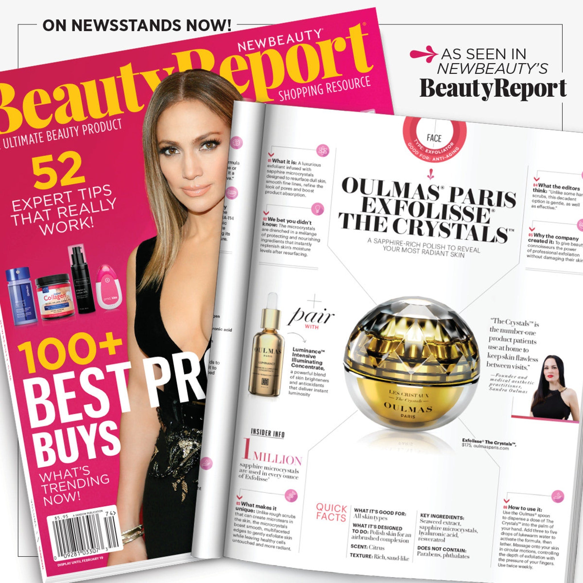 Magazine cover with pink, white, and gold text, featuring a woman's face and beauty products.