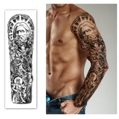 Close-up of waterproof tattoo sticker on skin, showcasing intricate sleeve design details and realistic appearance