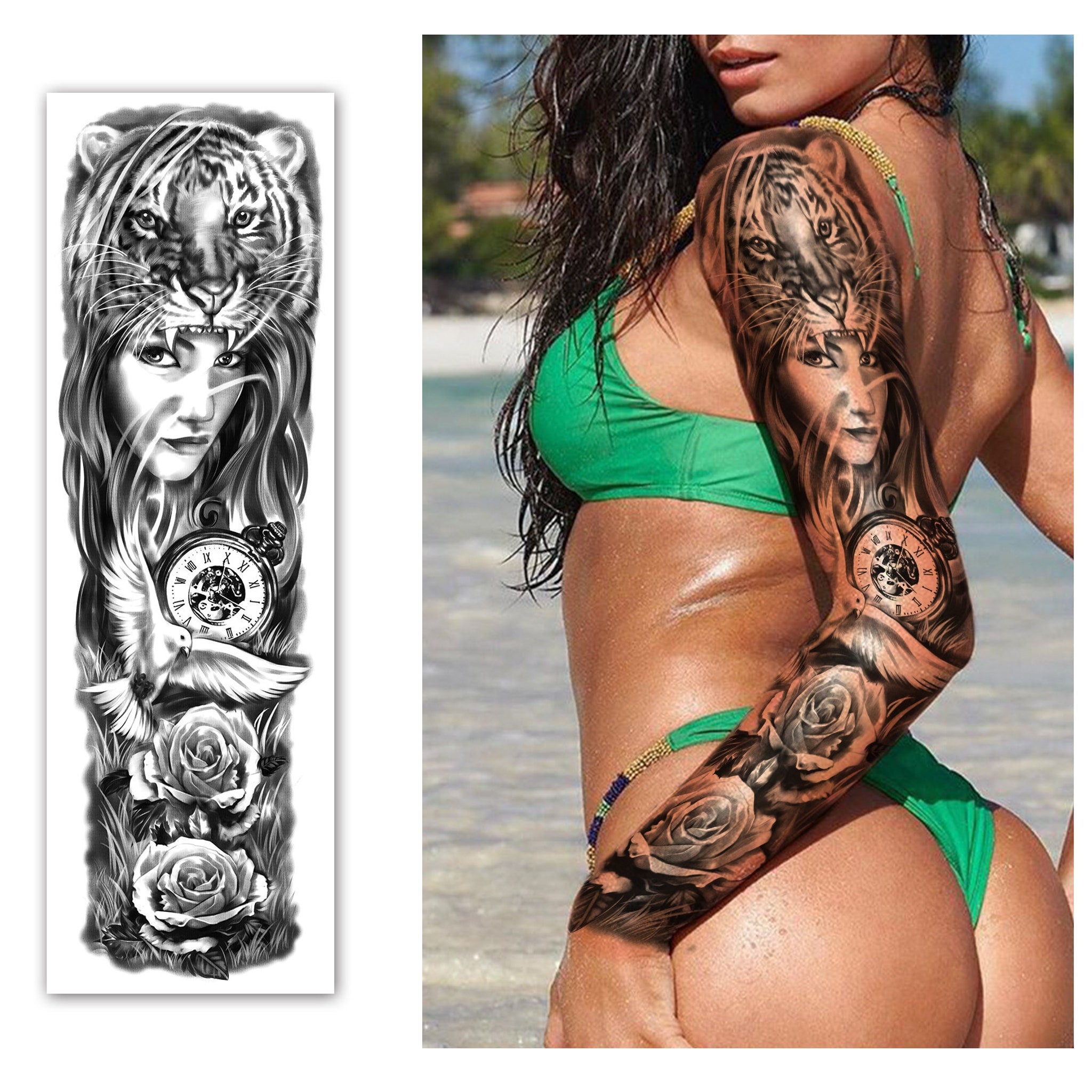 Rolled-up waterproof tattoo sleeve sticker with intricate black floral design on minimalist white background