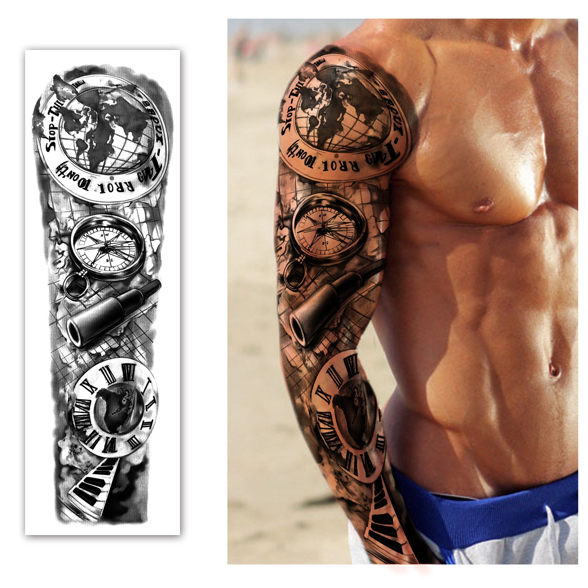 Close-up of waterproof tattoo sticker on skin showing intricate sleeve design details and realistic shading