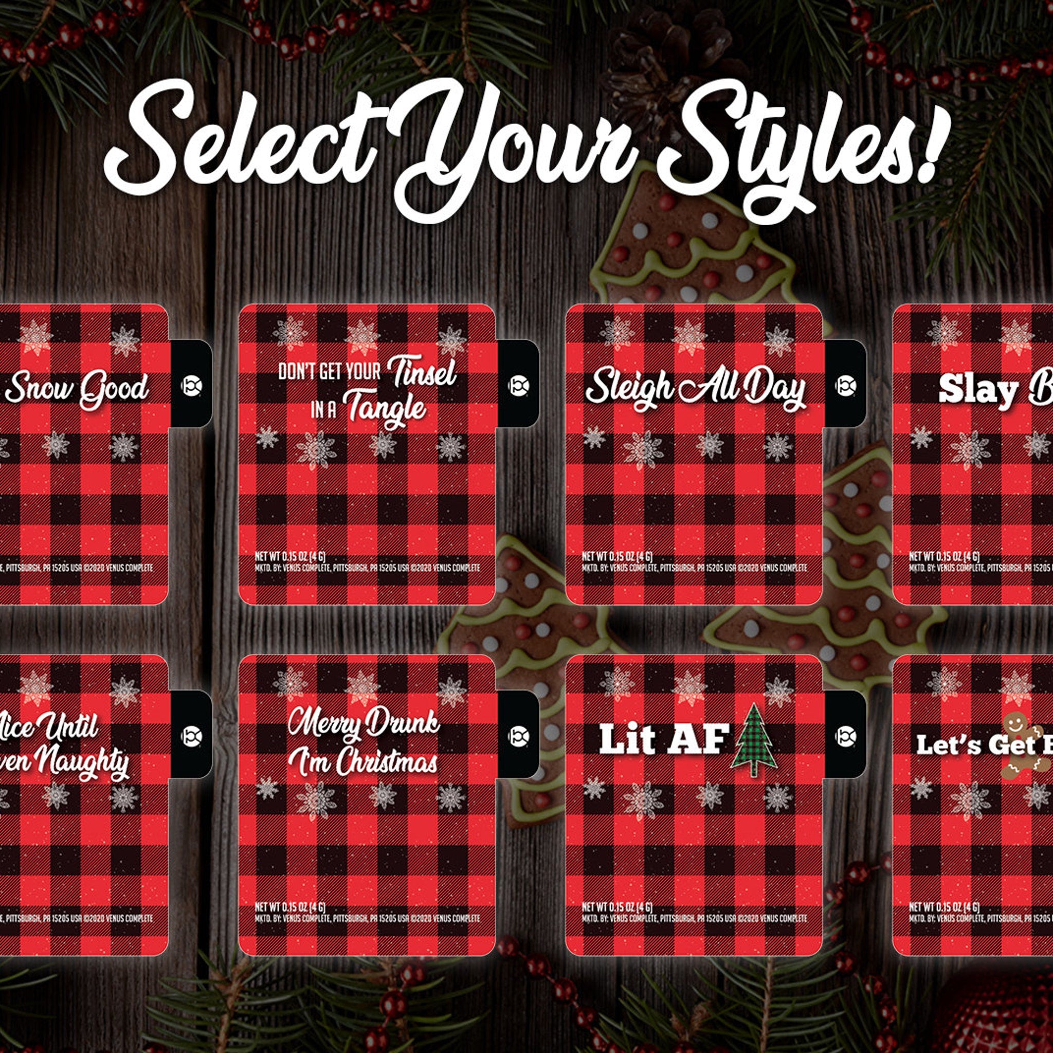 Gift sets with red and black plaid pattern, snowflake accents, and Venus Complete branding