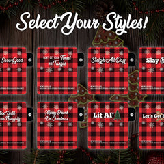 Gift sets with red and black plaid pattern, snowflake accents, and Venus Complete branding