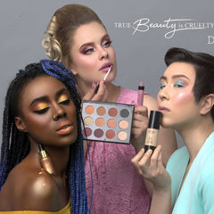 Side view of Dovi Seattle Guilty eyeshadow palette showcasing six matte and shimmer shades in warm neutrals and deep plum tones