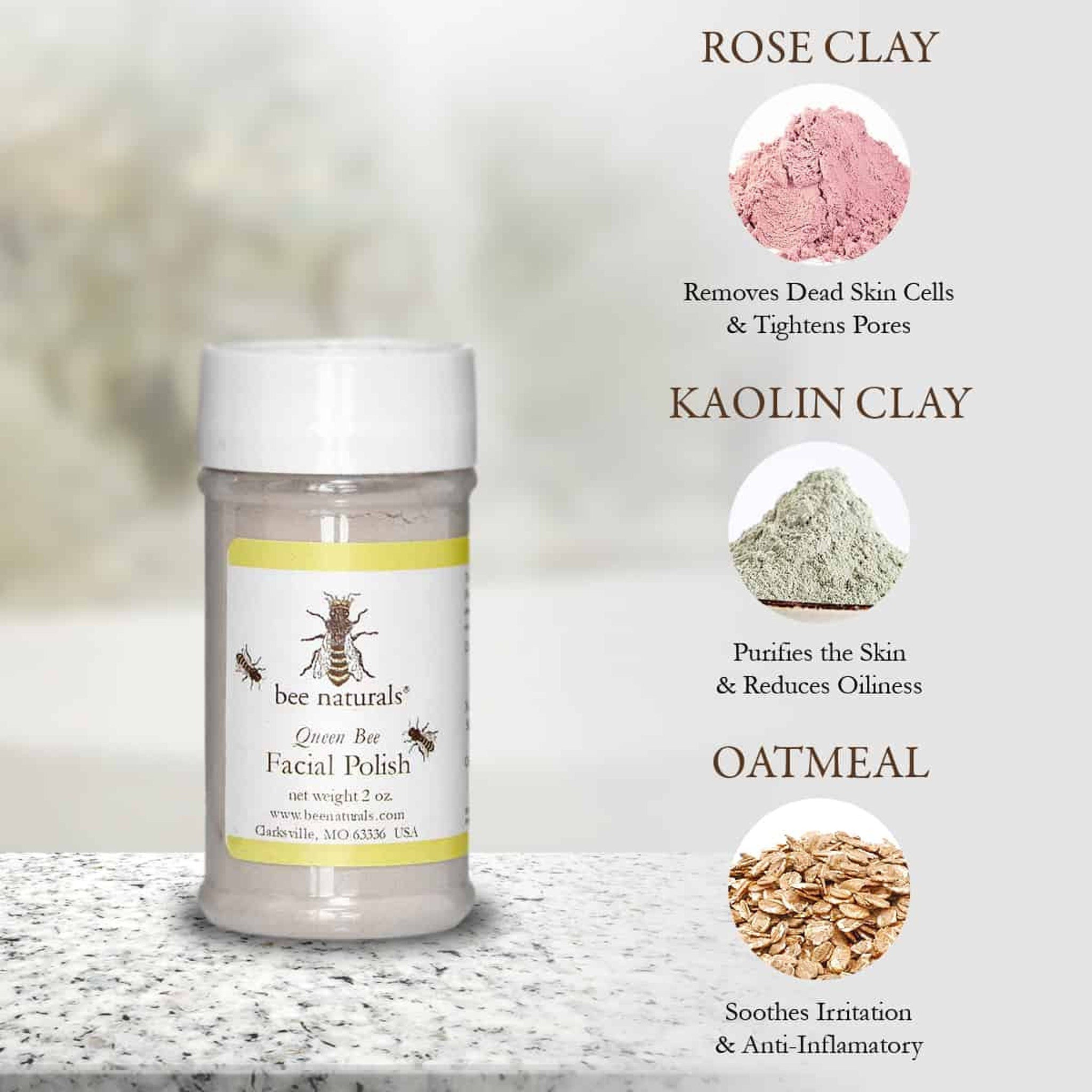 Facial Polish bottle, clear plastic, white lid, yellow label with bee naturals text