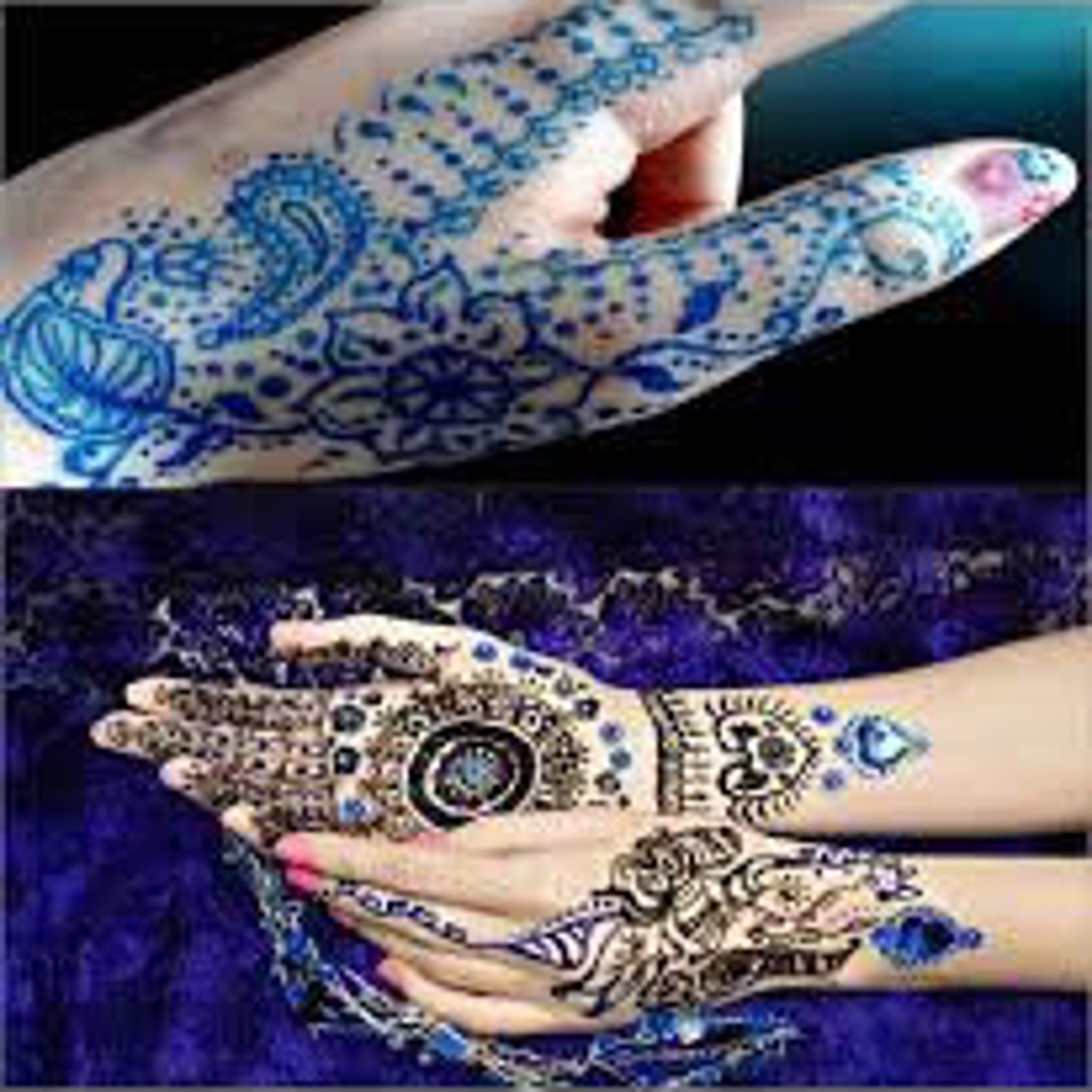 Hand applying vibrant purple vegan henna paste in intricate design on forearm, showcasing rich pigment