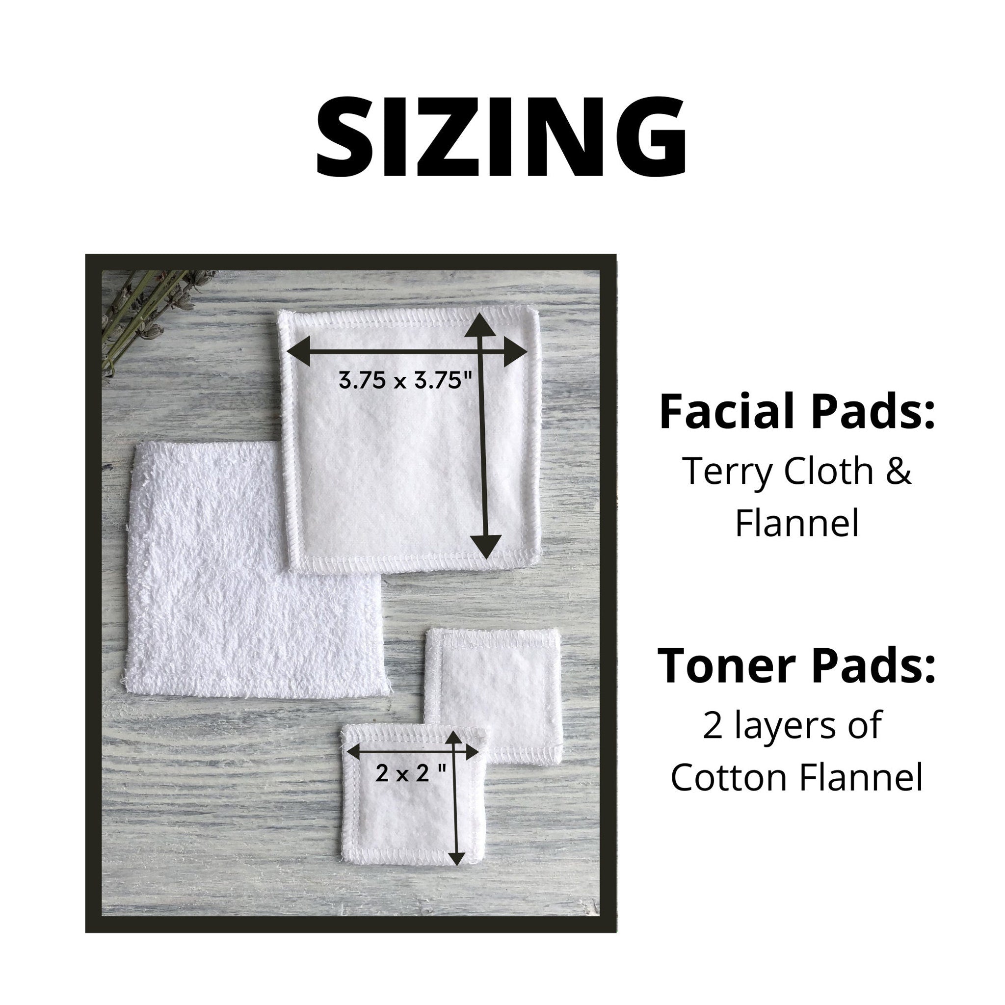 Facial and toner pads in white terry cloth and flannel, with sizing details for reference