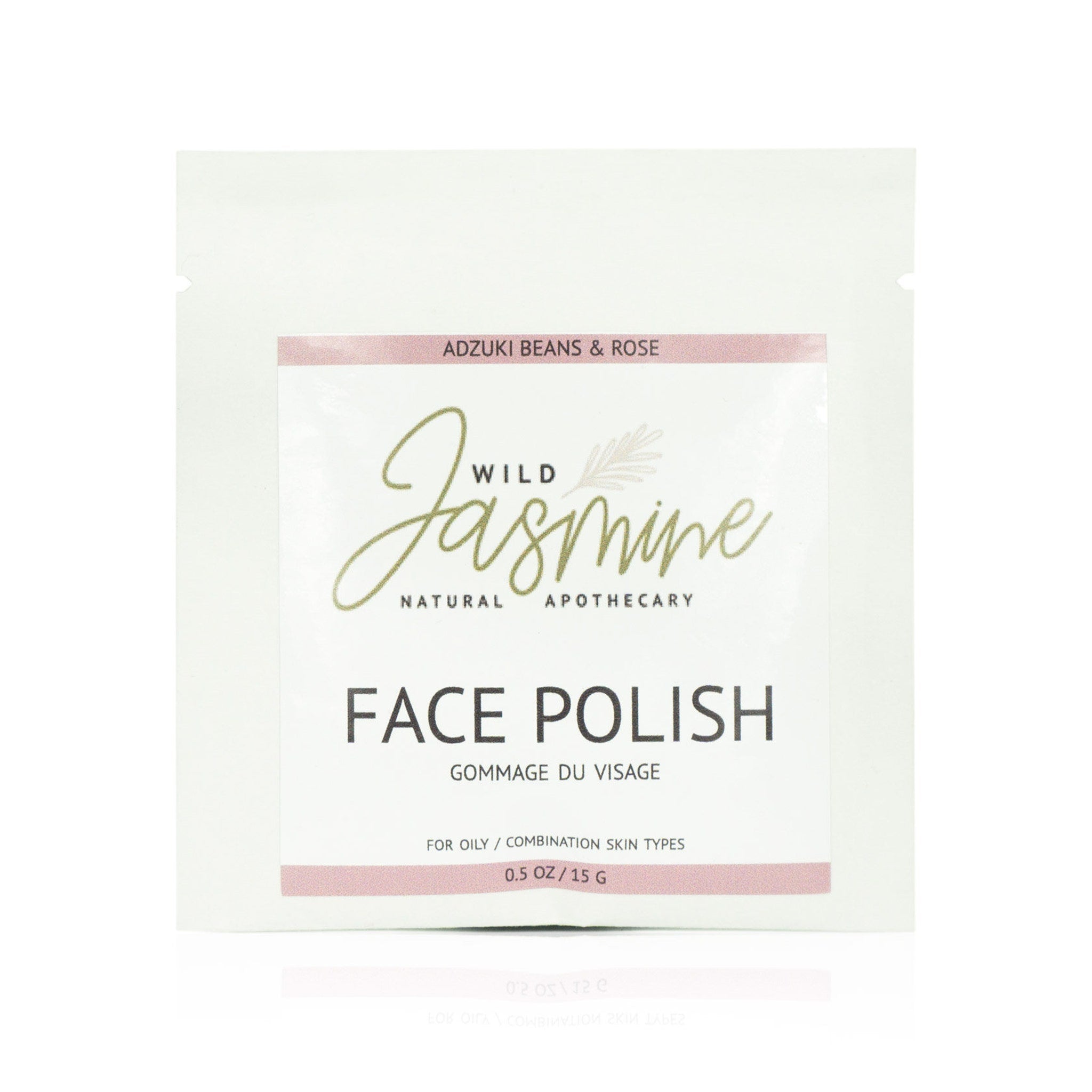 Face polish packet with white background, pink and gold text, Wild Jasmine brand name shown