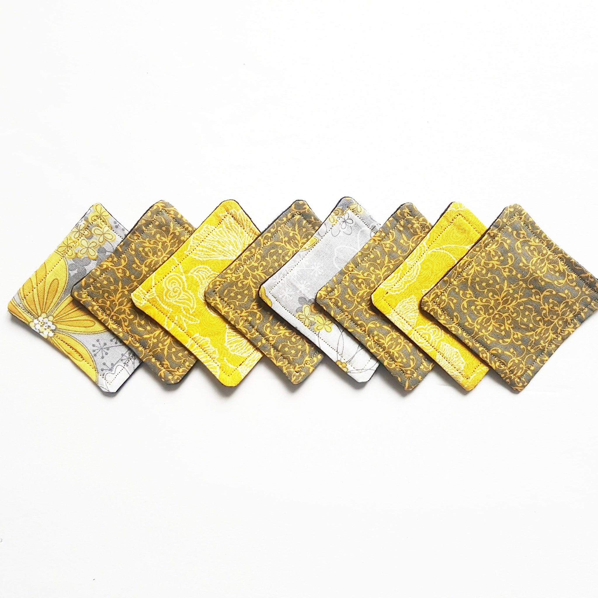 Coasters, yellow and gray floral pattern fabric, square shape, decorative style