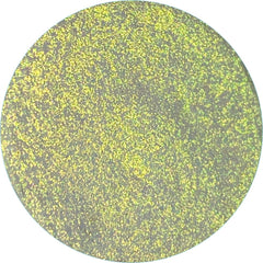 Round iridescent eyeshadow pan with shifting radioactive hues in a 26mm compact