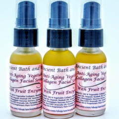 Facial serum bottles with blue pump, yellow liquid, and pink label displaying "Ancient Bath" text