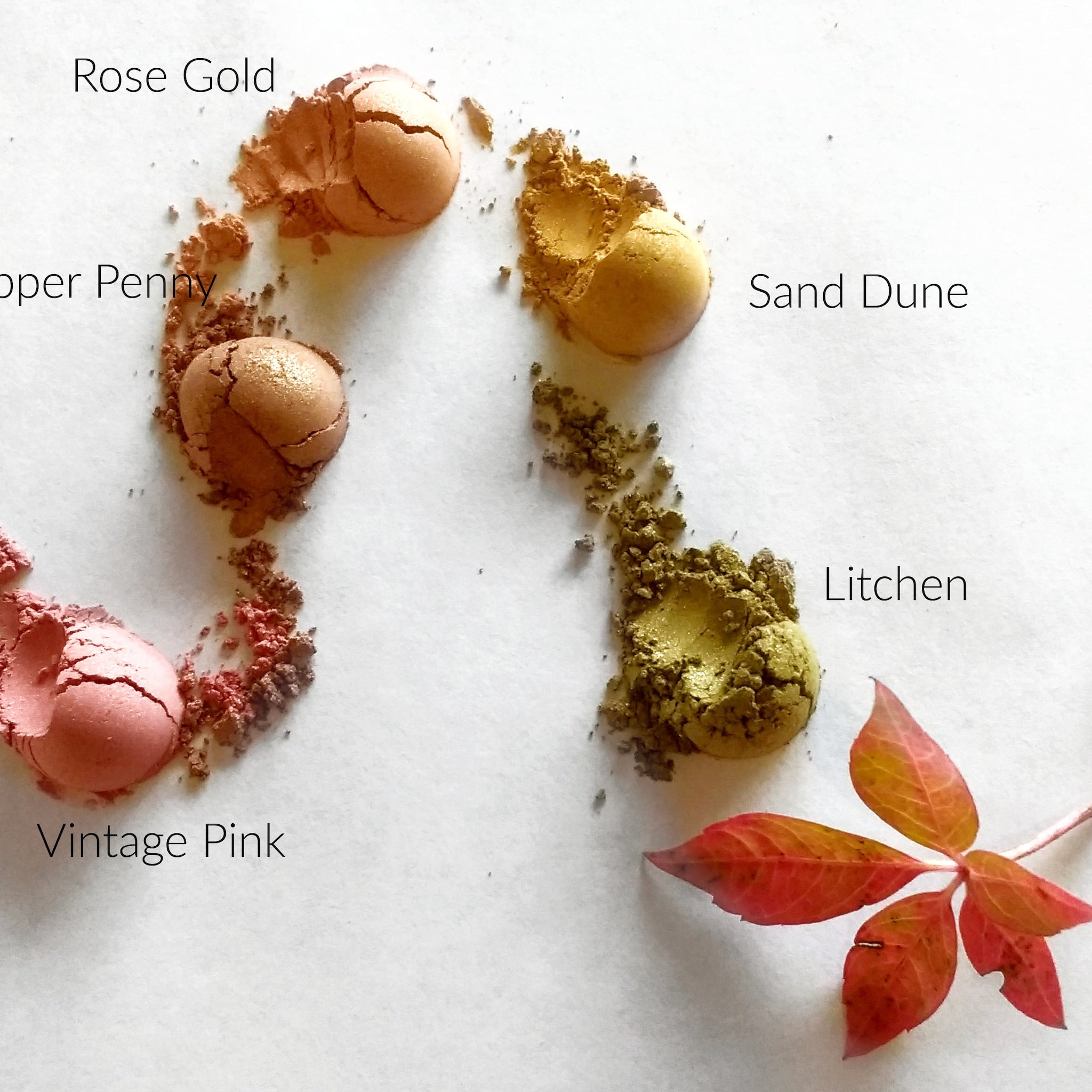 Eyeshadow swatches in metallic gold, copper, pink, and green with fall leaf accent on white background
