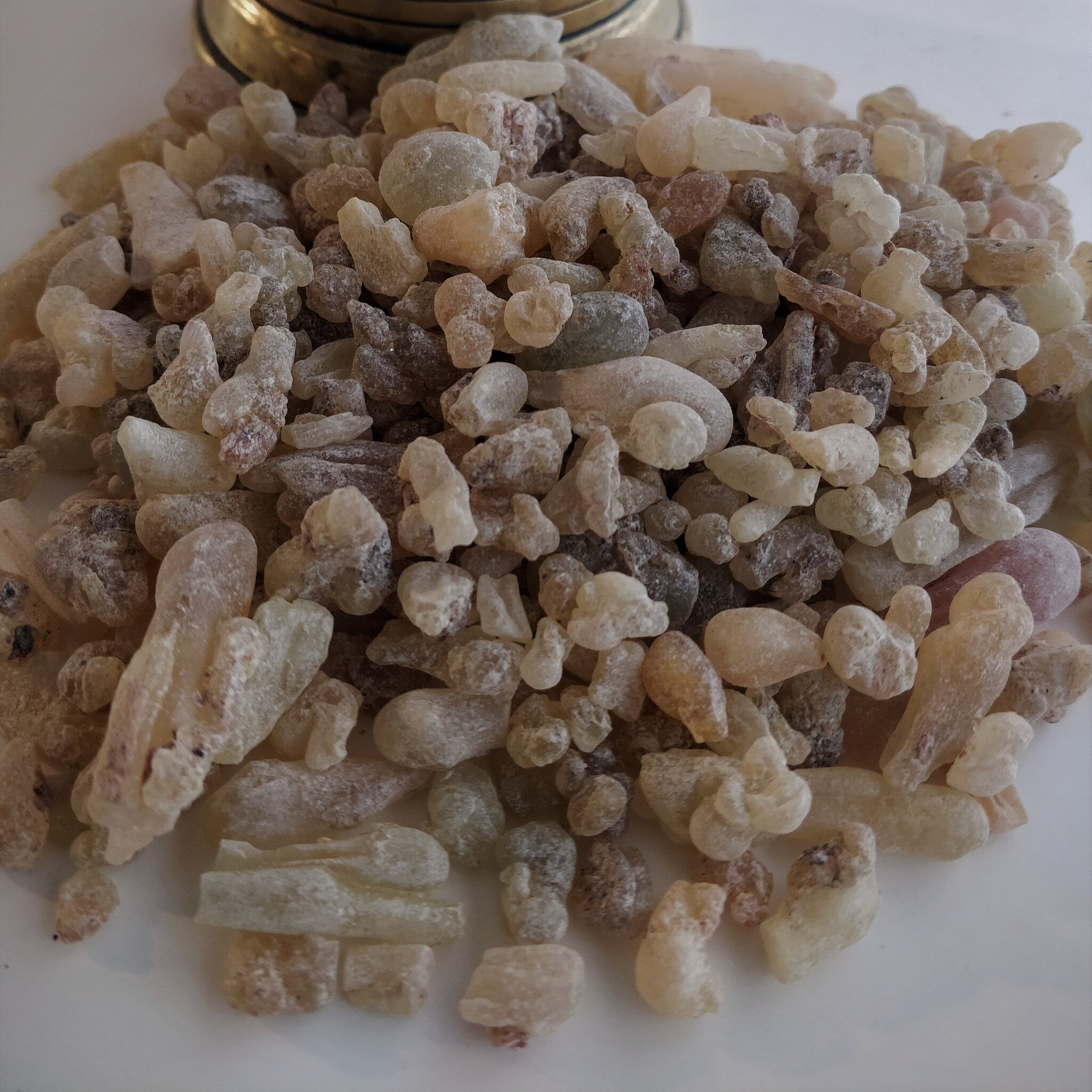 Frankincense resin, beige and brown pieces, natural texture, close-up view