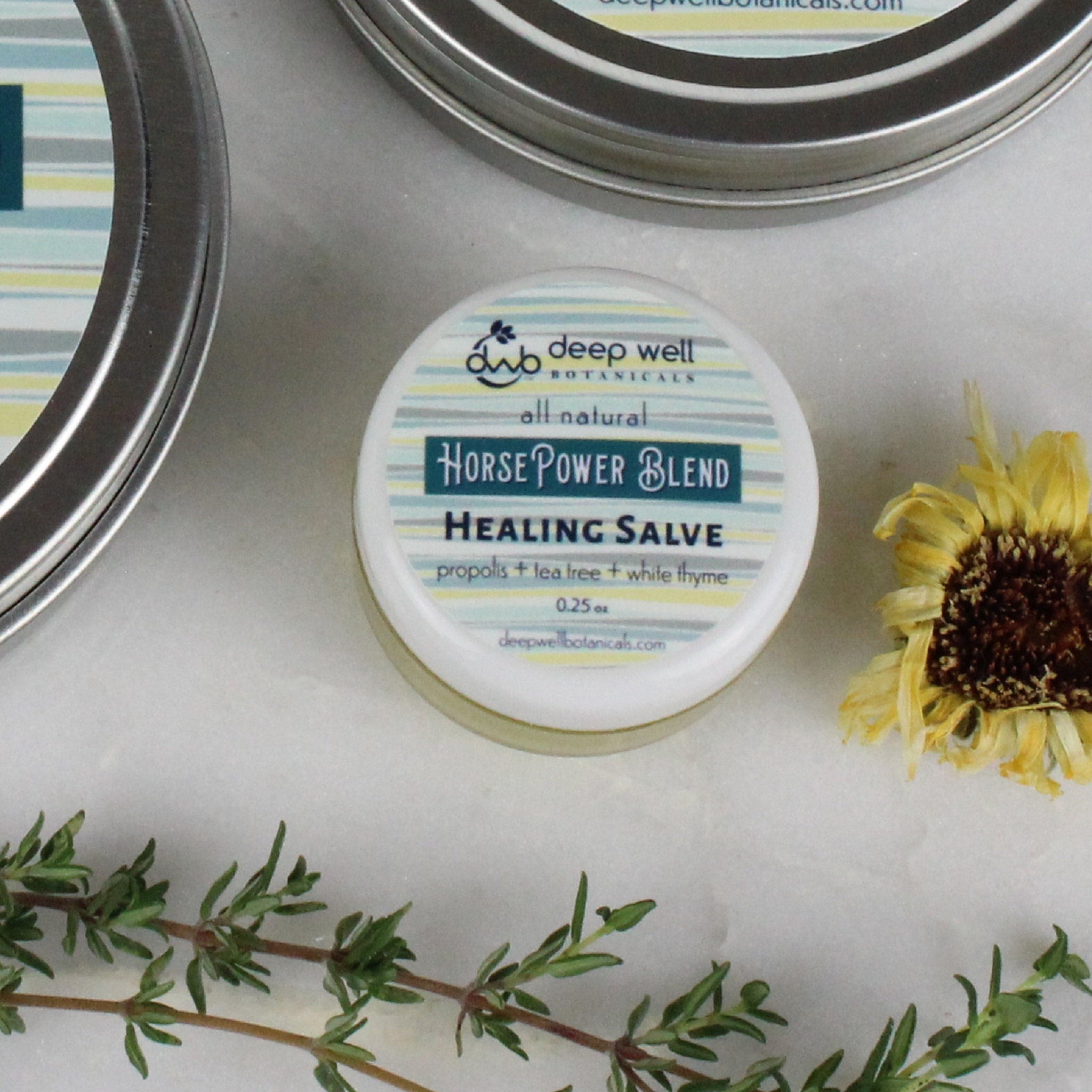Healing salve with white label, silver tin, and green thyme sprig on white surface