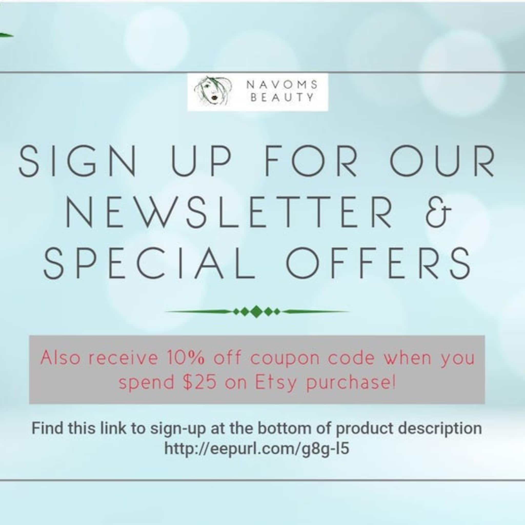 Newsletter sign up graphic with NAVOMS BEAUTY logo, light blue background, and text offering discount